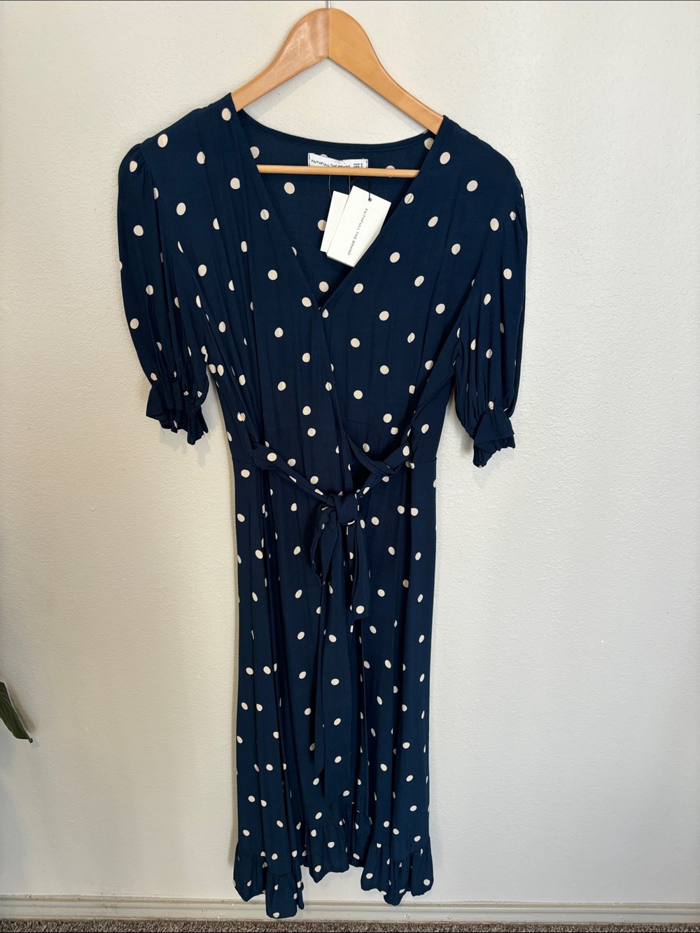 Faithfull the Brand Navy Polka Dot V-Neck Midi Dress